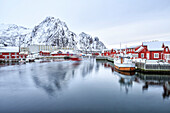 Port of Svolvaer with its dark red houses on stilts typical of each port in the Lofoten Islands, Arctic, Norway, Scandinavia, Europe