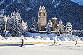 Saint Gian Church after a snowfall in Engadine, Switzerland, Europe
