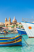 Marsaxlokk Harbour, Our Lady of Pompeii Church and traditional fishing boats, Marsaxlokk, Malta, Mediterranean, Europe