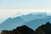 Mountain silhouette at dawn, Jungfrau-Aletsch, UNESCO World Heritage Site, Swiss Alps, Switzerland, Europe