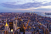 Skyline looking south towards Lower Manhattan at sunset, One World Trade Center in view, Manhattan, New York City, New York, United States of America, North America