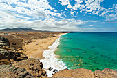 View south over Charco de Guelde bay from the cliff tops at this northwest village, El Cotillo, Fuerteventura, Canary Islands, Spain, Atlantic, Europe