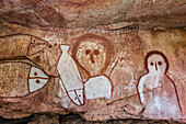 Aboriginal Wandjina cave artwork in sandstone caves at Raft Point, Kimberley, Western Australia, Australia, Pacific