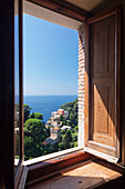 View from Castello Brown Castle to Chiesa San Giorgio church, Portofino, Riviera di Levante, Province of Genoa, Liguria, Italy, Europe