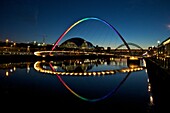 Gateshead Quays with Sage Gateshead and Millennium Bridge at night, Tyne and Wear, England, United Kingdom, Europe