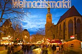 St. Reinoldi Church and Christmas Market at dusk, Dortmund, North Rhine-Westphalia, Germany, Europe