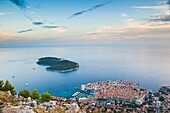 View over Dubrovnik, Lokum Island and Adriatic Sea, Dubrovnik, Dalmatian Coast, Croatia, Europe