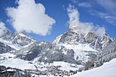 A view toward Corvara and Sassongher Mountain from the ski resort of Alta Badia in the Dolomites in the South Tyrol, Italy, Europe