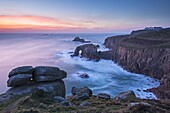 Lands End after sunset on a winter evening, Cornwall, England, United Kingdom, Europe