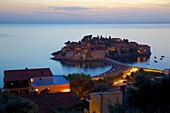 Sveti Stefan after sunset, Budva Bay, Budva Riviera, Montenegro, Europe