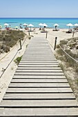 Wooden bridge leading to Mitjorn beach, Formentera, Balearic Islands, Spain, Mediterranean, Europe