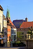 Shopping Area with St. Sebald and Castle in the background, Nuremberg, Bavaria, Germany, Europe