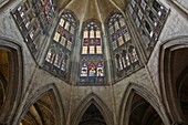 The beautiful stained glass above the choir in the Abbaye de la Trinite, Vendome, Loir-et-Cher, Centre, France, Europe