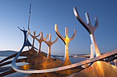 Iceland, Reykjavik, Solfar (Sun Voyager), iconic stainless-steel modern sculpture representing a Viking longboat by Jon Gunnar Arnason