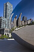 Cloud Gate sculpture in Millennium Park reflecting the skyscrapers of North Michigan Avenue, Chicago, Illinois, United States of America, North America