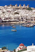 Aerial view of Mykonos, Hora and harbour, Cyclades, Greek Islands, Greece, Mediterranean, Europe