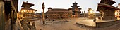 Durbar Square containing from the left, the Bishwanath Mandir, Garuda statue on stone column, Patan museum in the old Royal Palace, Degu Talle and the Jagan Naryan Mandir, Patan, Kathmandu, Nepal, Asia