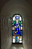 Stained glass windows in St. Margarets Chapel, built between 1124 and 1153, Edinburgh Castle, Edinburgh, Lothian, Scotland, United Kingdom, Europe