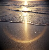 Image taken with a Holga medium format 120 film toy camera of sunlight reflecting on wet sand and sea at sunset, Stonetown, Zanzibar, Tanzania, East Africa, Africa