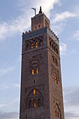 The Koutoubia minaret in the heart of the old medina next to a mosque of the same name, built in the 12th century, Marrakesh, Morocco, North Africa, Africa