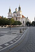 Church of St. Nicholas in early morning and deserted, Old Town Square, Old Town, Prague, Czech Republic, Europe