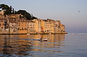 A small fishing boat at Rovinj at sunrise, Istria, Croatia, Adriatic, Europe