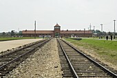 Railway line and platform where prisoners were unloaded and separated into able bodied men, kept for work, and woman and children who were taken to gas chambers, Auschwitz second concentration camp at Birkenau, UNESCO World Heritage Site, near Krakow (Cra