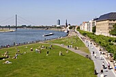 View over the Rheinuferpromenade along the River Rhine towards the old city, Dusseldorf, North Rhine Westphalia, Germany, Europe