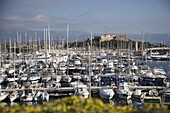 Antibes harbour and Fort Carre, Antibes, Alpes Maritimes, Provence, Cote d'Azur, French Riviera, France, Mediterranean, Europe