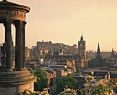 The Dugald Stewart Monument and view over Princes Street including the Waverley Hotel clock tower, Edinburgh, Lothian, Scotland, United Kingdom, Europe