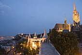 Matyas Church, Fishermans Bastion and River Danube, Castle District in evening light, Budapest, Hungary, Europe