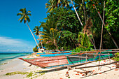 Outrigger canoes on beach and coconut trees, Biak, Papua, Indonesia, Asia