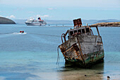 Schiffswrack am Strand mit Expeditions-Kreuzfahrtschiff MS Hanseatic (Hapag-Lloyd Kreuzfahrten) auf Reede, New Island, Falklandinseln, Britisches Überseegebiet, Südamerika