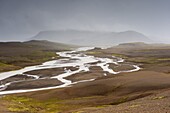 Jokulkvisl River and valley at the foot of Kerlingarfjoll Mountains, a majestic massif of rhyolitic domes, Iceland, Polar Regions