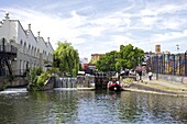 Canal boat negotiating a lock, Camden Lock, London, England, United Kingdom, Europe
