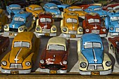 Oldtimers made of sheet metal as souvenirs for sale, Sancto Spirito, Cuba, West Indies, Caribbean, Central America