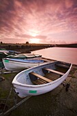 Fishing boats beside the Usk Reservoir at sunrise, Brecon Beacons National Park, Wales, United Kingdom, Europe