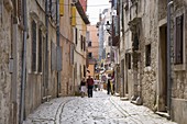 Typical cobbled street in the old town, Rovinj (Rovigno), Istria, Croatia, Europe