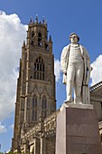 The Boston Stump, St. Bartolph's Church, with a statue of Herbert Ingram the founder of The Illustrated London News, Wormgate, Boston, Lincolnshire, England, United Kingdom, Europe