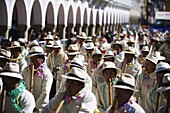 Musicians playing the flute at Anata Andina harvest festival, Carnival, Oruro, Bolivia, South America