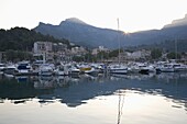 View across the harbour at sunrise, Port de Soller, Mallorca, Balearic Islands, Spain, Mediterranean, Europe
