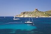 View across bay to the castle, Cabrera Island, Cabrera Archipelago National Park, Mallorca, Balearic Islands, Spain, Mediterranean, Europe