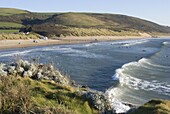 The beach with surfers at Woolacombe, Devon, England, United Kingdom, Europe