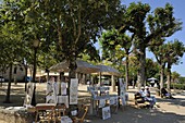 Artist's stall in a tree lined promenade, Bastide town, Domme, Les Plus Beaux Villages de France, Dordogne, France, Europe