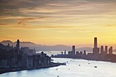 Hong Kong Island and Tsim Sha Tsui skylines at sunset, Hong Kong, China, Asia