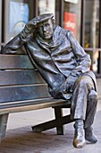 Life-sized bronze statue of Glenn Gould the pianist, by Ruth Abernethy, sitting on a park bench outside the CBC Building in downtown Toronto, Toronto, Ontario, Canada, North America