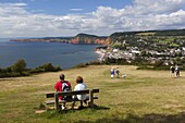 View from Salcombe Hill to town and red cliffs, Sidmouth, Devon, England, United Kingdom, Europe