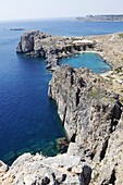 View of the St. Paul Bay from the Acropolis of Lindos, Rhodes, Dodecanese, Greek Islands, Greece, Europe