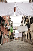 Washing line geometry in the streets of Castello, Venice, Veneto, Italy, Europe