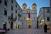 St. Nicholas Serbian Orthodox Church at dusk, Old Town, UNESCO World Heritage Site, Kotor, Montenegro, Europe